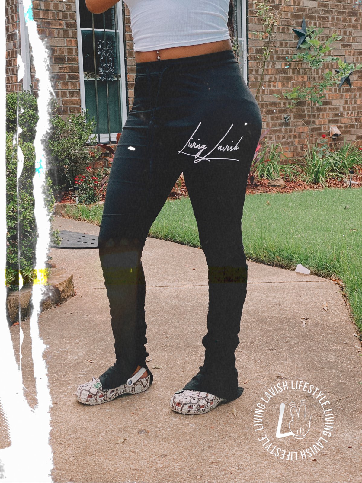 black stacked pants