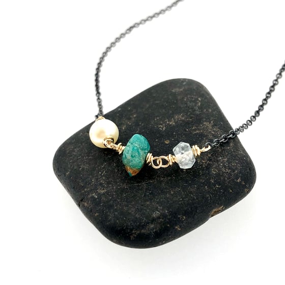 Image of pearl, turquoise, and rainbow moonstone necklace