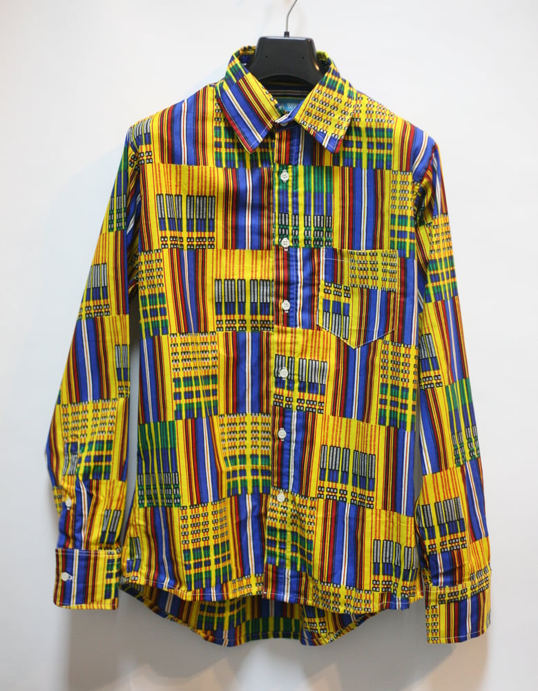 Kente Cloth Yellow/Royal Blue Print Long Sleeve Button Up Shirt