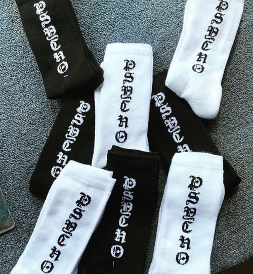 Image of Psycho White Letters & Black Crew Socks