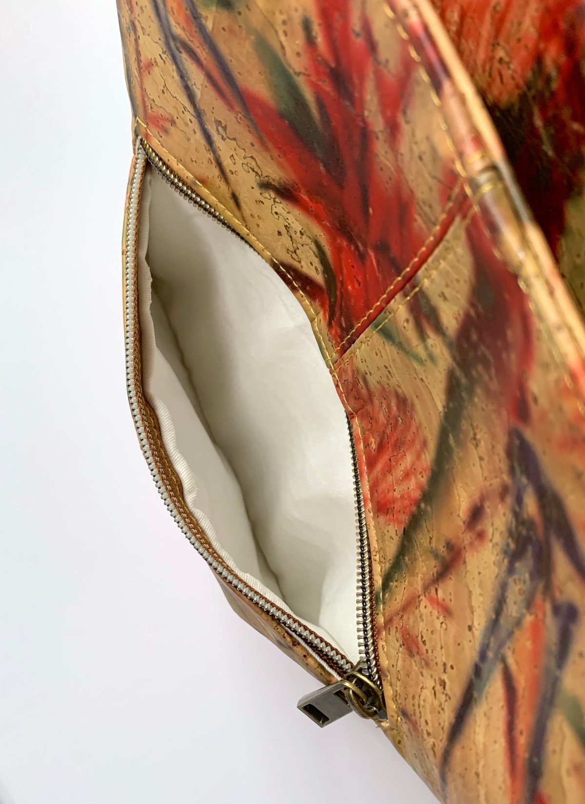 Dahlia Bag in tropical Watercolor &Red Cork w/waterproof lining