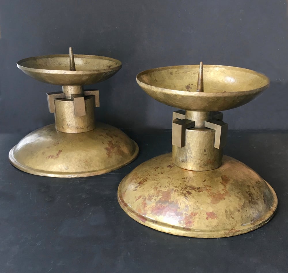 Image of Pair of Oversize Art Deco Candle Holders of Hammered and Milled Brass, European