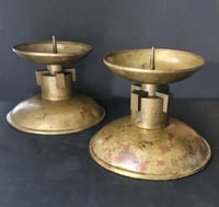 Image 2 of Pair of Oversize Art Deco Candle Holders of Hammered and Milled Brass, European