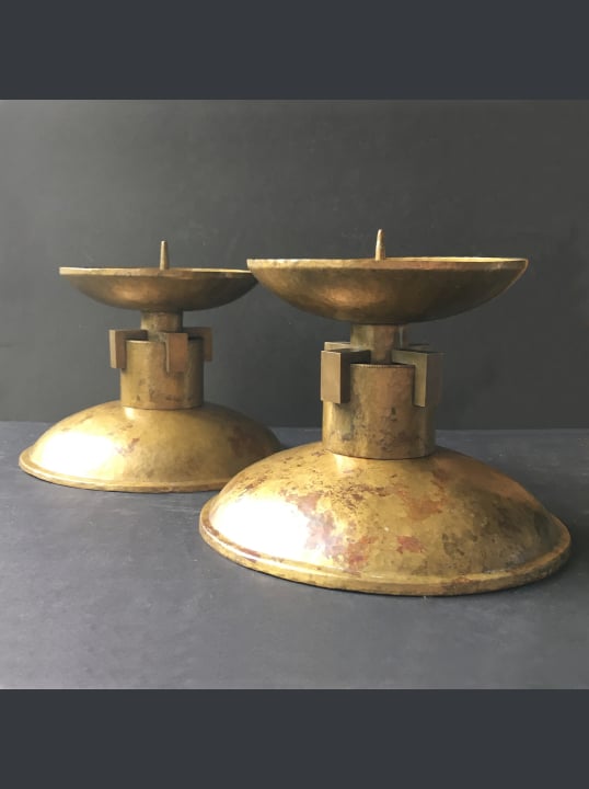 Image of Pair of Oversize Art Deco Candle Holders of Hammered and Milled Brass, European