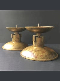 Image 1 of Pair of Oversize Art Deco Candle Holders of Hammered and Milled Brass, European