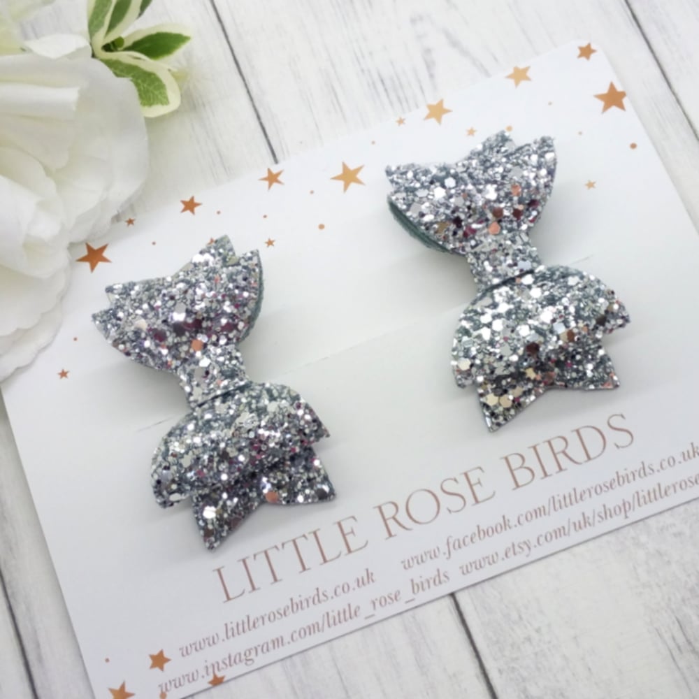 Silver Glitter Pigtail Bows