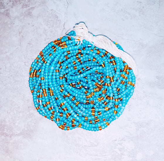 Image of Baby blue and Gold XL Tie Waistbead 