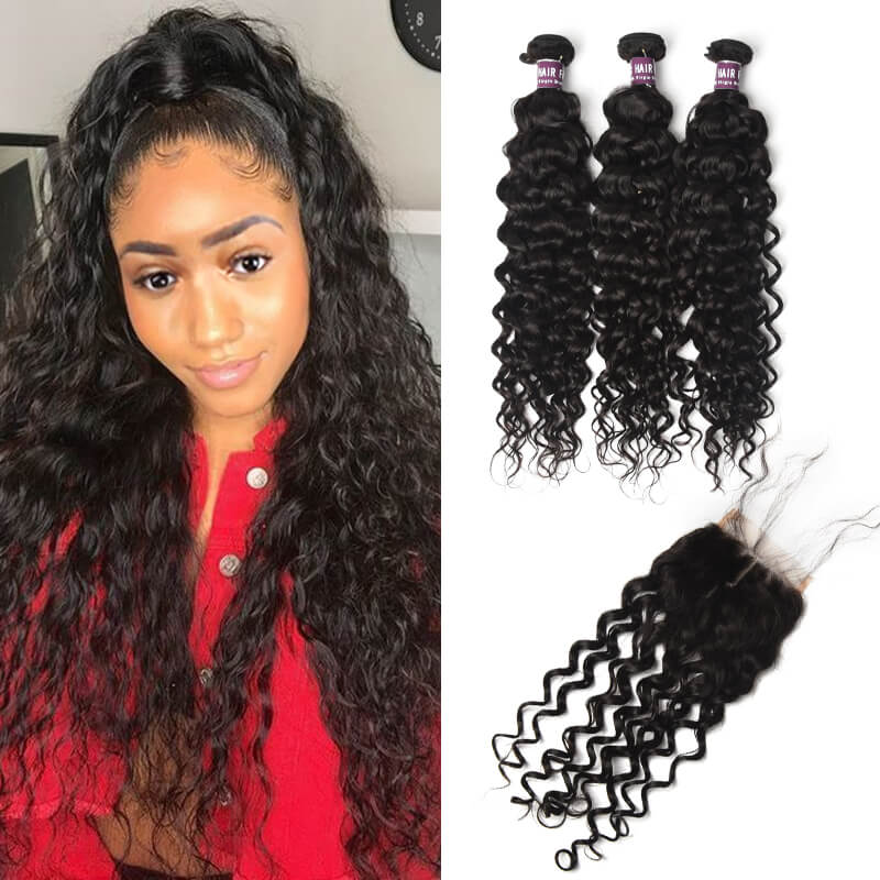 Image of 3 Bundles of Brazilian Water Wave Hair with Closure