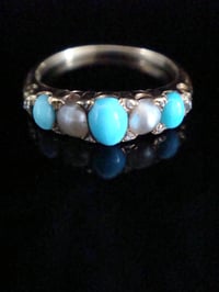 Image 1 of Edwardian 18ct yellow gold natural turquoise, pearl and diamond band