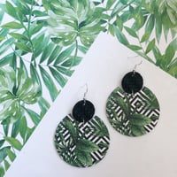 Black white and green palm print genuine leather large circle earrings 