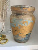 Small Old Painted Pottery - Mustard Tan Blue