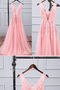 Image 1 of Lovely Tulle with Lace Pink Floor Length Party Dress, Long Pink Prom Dress