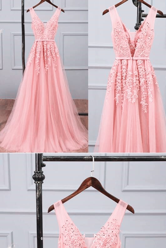 Lovely Tulle with Lace Pink Floor Length Party Dress, Long Pink Prom Dress