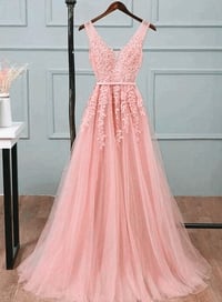 Image 2 of Lovely Tulle with Lace Pink Floor Length Party Dress, Long Pink Prom Dress