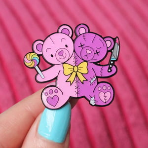 Image of Good & Evil Teddy Bears enamel pin - creepy cute - pastel goth - lapel pin badge