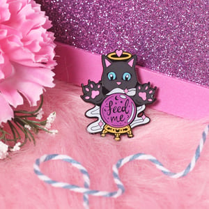 Image of Crystal Ball Cat 'Feed Me' enamel pin - fortune teller - creepy cute - pastel goth - lapel pin badge