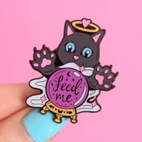 Image 1 of Crystal Ball Cat 'Feed Me' enamel pin - fortune teller - creepy cute - pastel goth - lapel pin badge