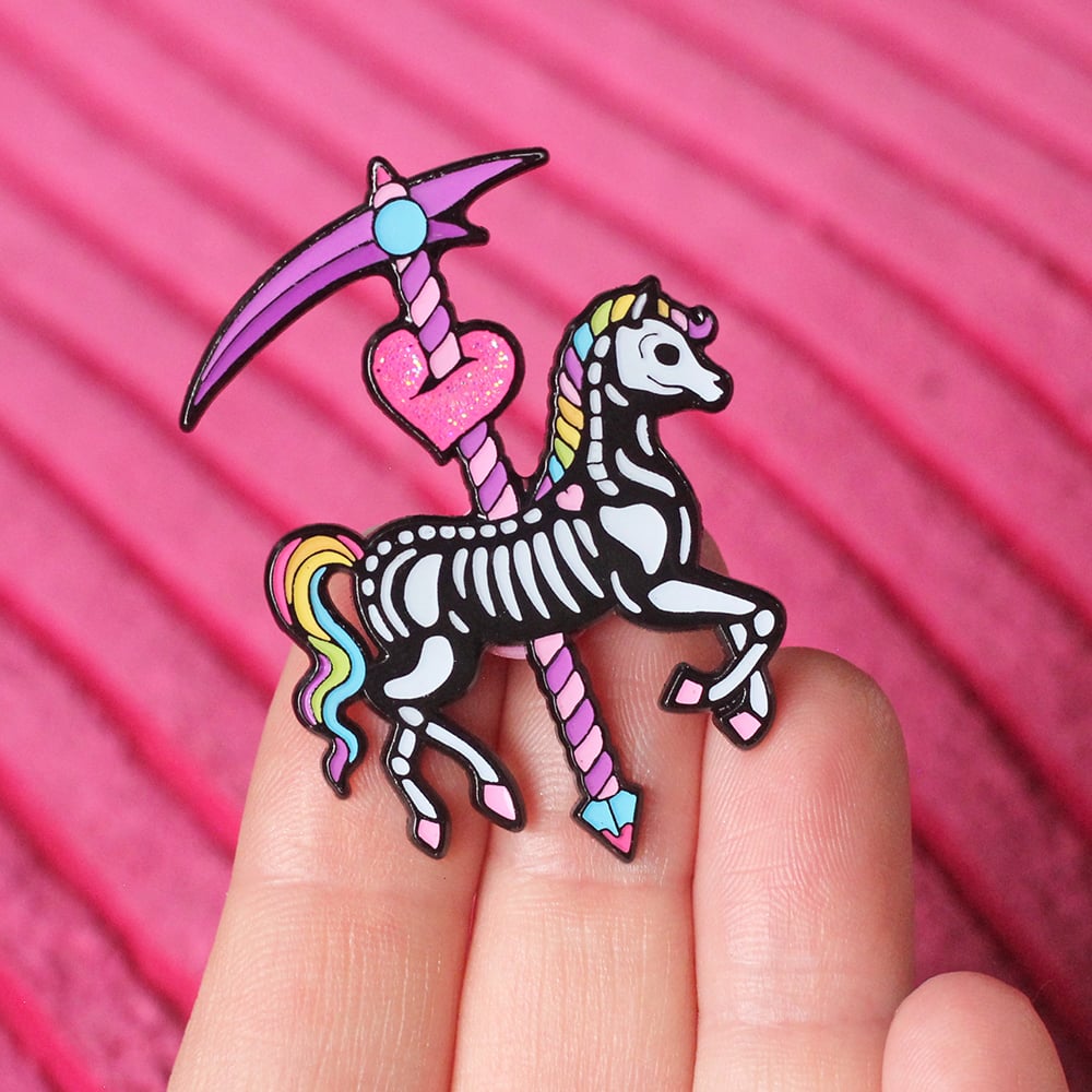 Image of Skeleton Carousel Horse enamel pin - undead - creepy cute - pastel goth - spooky - lapel pin badge