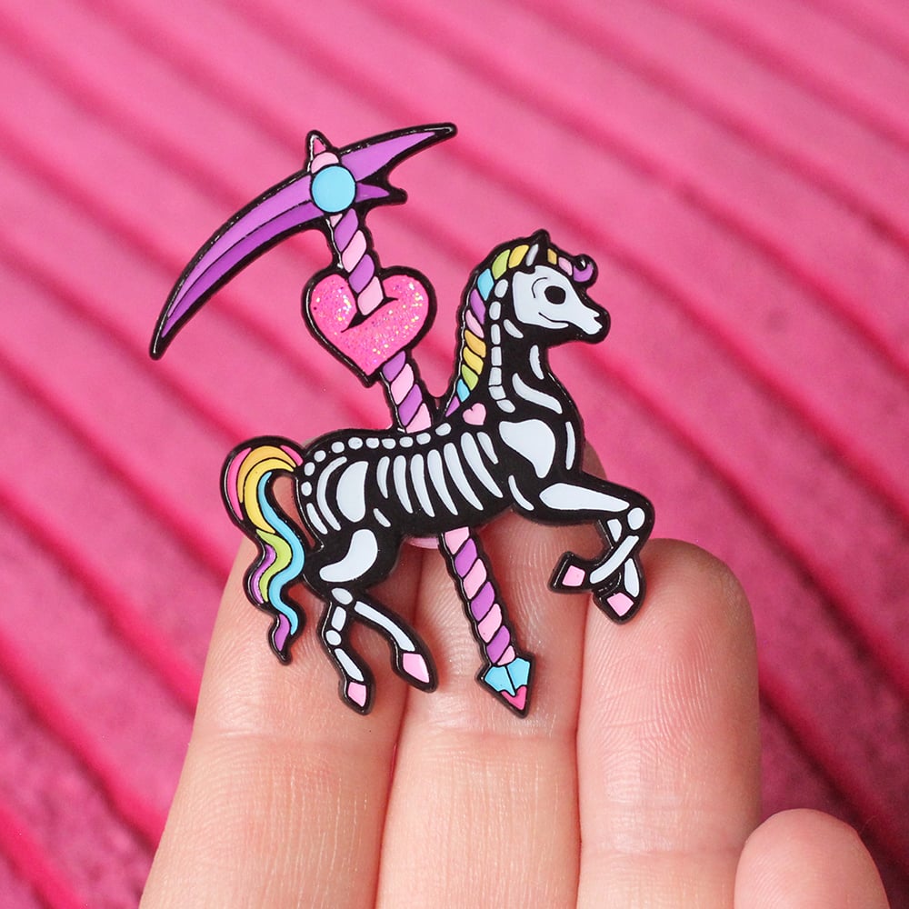 Skeleton Carousel Horse enamel pin - undead - creepy cute - pastel goth -  spooky - lapel pin badge