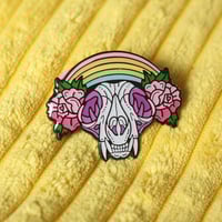 Image 1 of Cat Skull with rainbow & roses enamel pin - creepy cute - pastel goth - spooky - lapel pin badge