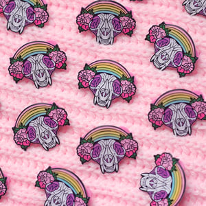 Image of Cat Skull with rainbow & roses enamel pin - creepy cute - pastel goth - spooky - lapel pin badge