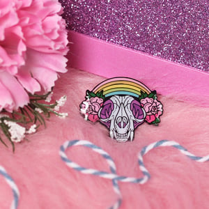 Image of Cat Skull with rainbow & roses enamel pin - creepy cute - pastel goth - spooky - lapel pin badge