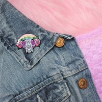 Image 2 of Cat Skull with rainbow & roses enamel pin - creepy cute - pastel goth - spooky - lapel pin badge