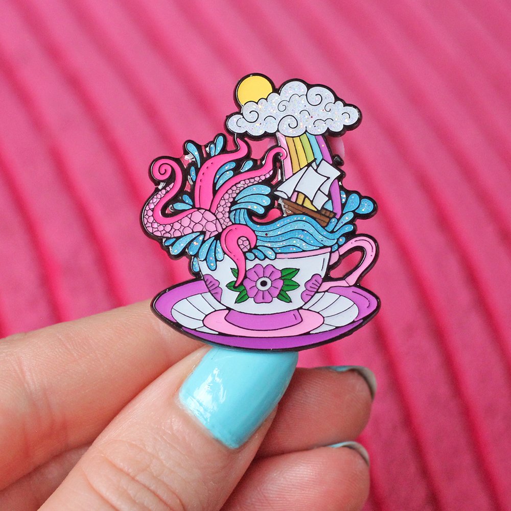 Image of Storm in a Teacup enamel pin - kraken - creepy cute - pastel goth - spooky  - lapel pin badge