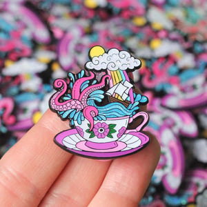 Image of Storm in a Teacup enamel pin - kraken - creepy cute - pastel goth - spooky  - lapel pin badge