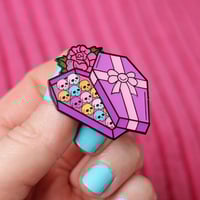 Image 4 of Coffin Chocolate Box with bow enamel pin - creepy cute - pastel goth - spooky - lapel pin badge