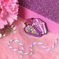 Image 2 of Coffin Chocolate Box with bow enamel pin - creepy cute - pastel goth - spooky - lapel pin badge