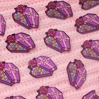 Image 5 of Coffin Chocolate Box with bow enamel pin - creepy cute - pastel goth - spooky - lapel pin badge