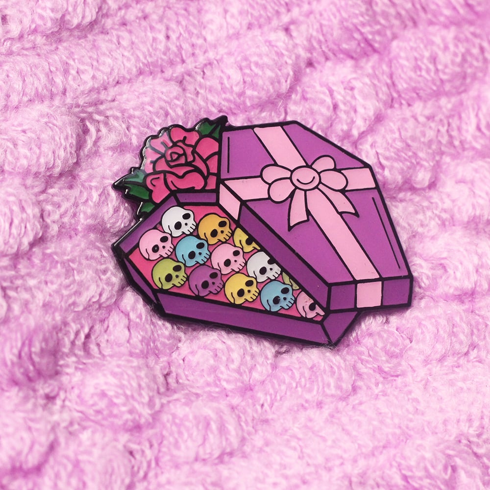 Image of Coffin Chocolate Box with bow enamel pin - creepy cute - pastel goth - spooky - lapel pin badge