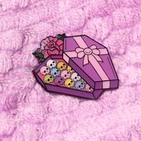 Image 1 of Coffin Chocolate Box with bow enamel pin - creepy cute - pastel goth - spooky - lapel pin badge