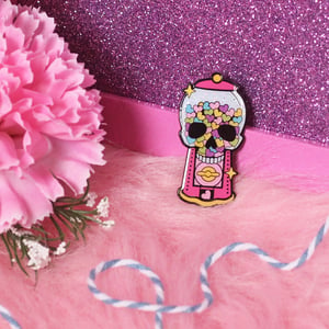 Image of Skull Bubblegum Gumball Machine enamel pin - creepy cute - pastel goth - spooky - lapel pin badge