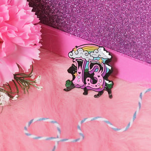 Image of Lucky Thirteen with black cat enamel pin - 13 - creepy cute - pastel goth - spooky - lapel pin badge