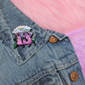 Image of Lucky Thirteen with black cat enamel pin - 13 - creepy cute - pastel goth - spooky - lapel pin badge