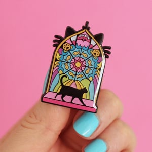 Image of Stained Glass Window with black cat - creepy cute - pastel goth - spooky  - lapel pin badge