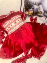 Image 1 of Girls red satin handsmocked pyjamas 