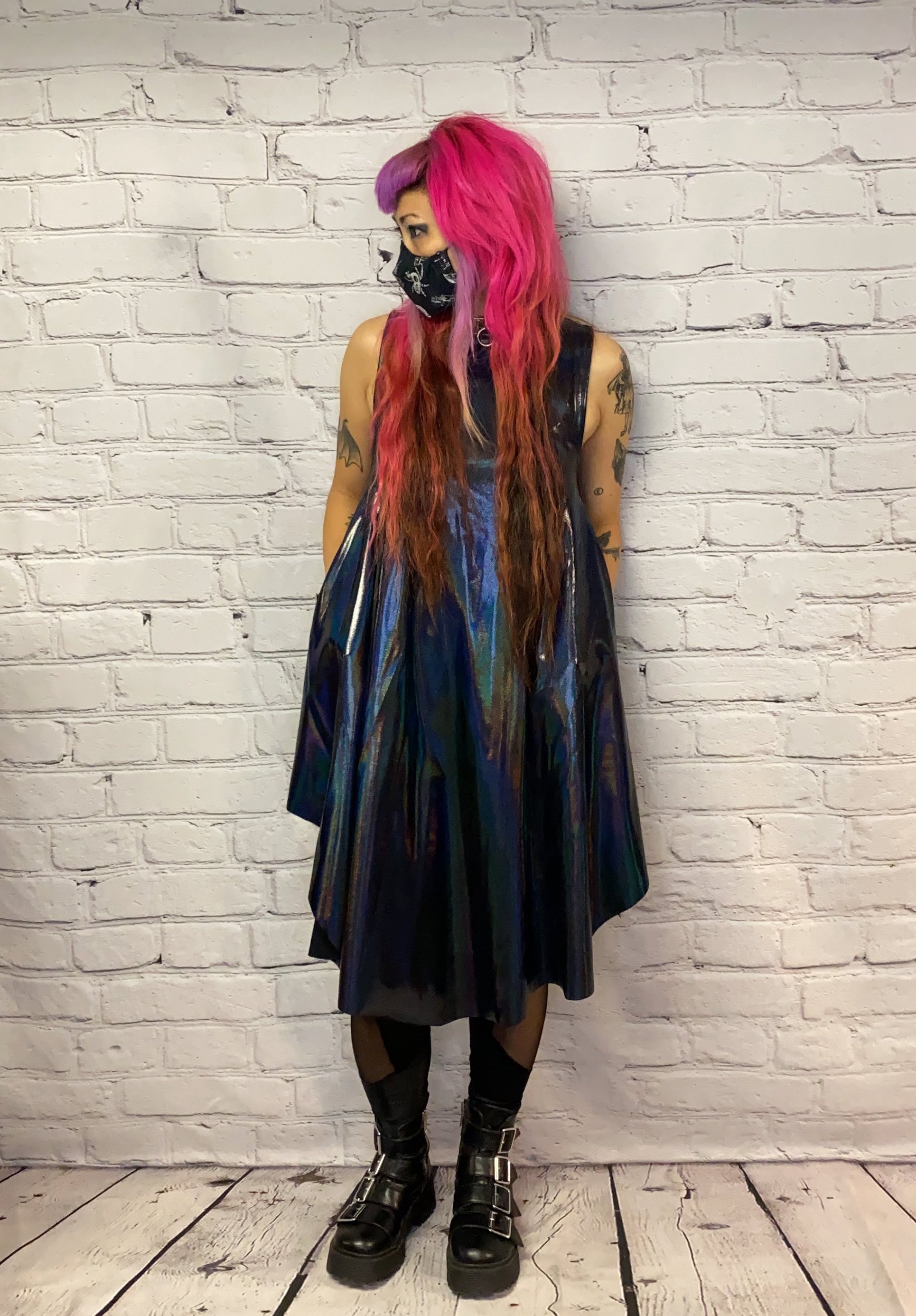 Midi Black/Blue Holographic Dress with Pockets | sophireaptress Midi Black/Blue Holographic Dress with Pockets | sophireaptress