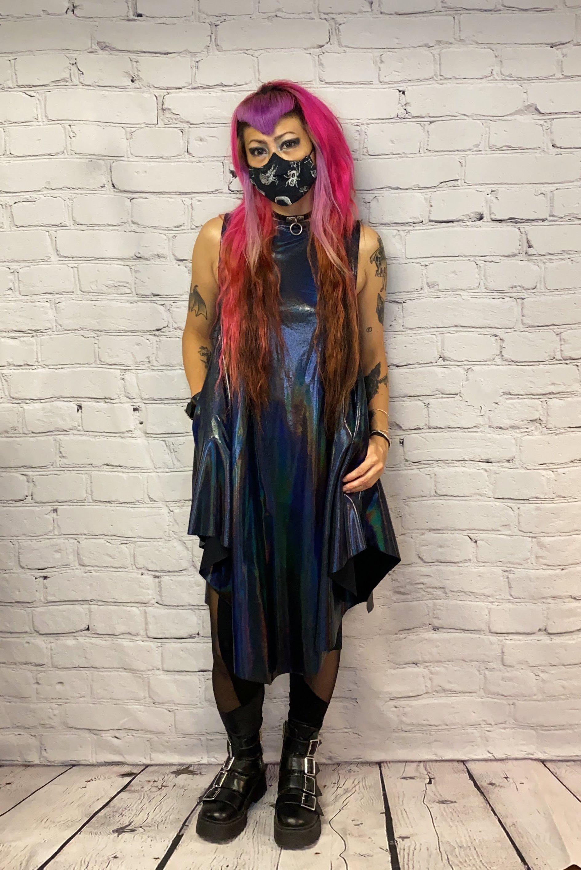 Midi Black/Blue Holographic Dress with Pockets | sophireaptress Midi Black/Blue Holographic Dress with Pockets | sophireaptress