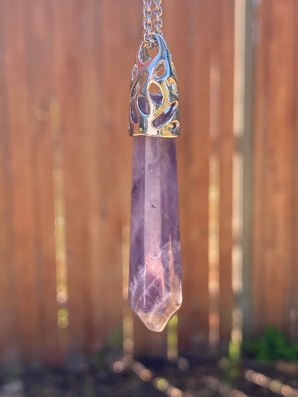 Amethyst Spear Pendant and Stainless Steel Chain Necklace