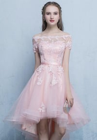Image 1 of Light Pink Off Shoulder High Low Homecoming Dress, Pink Prom Dress 