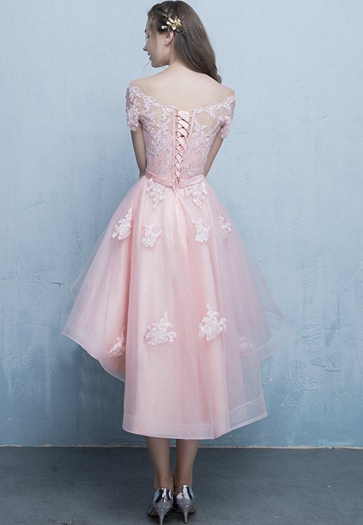 Light Pink Off Shoulder High Low Homecoming Dress, Pink Prom Dress 