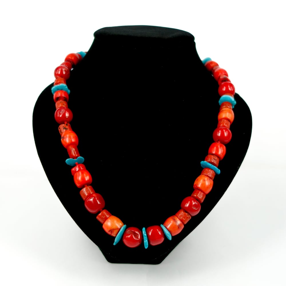 Image of Red coral and Turquoise beaded necklace 