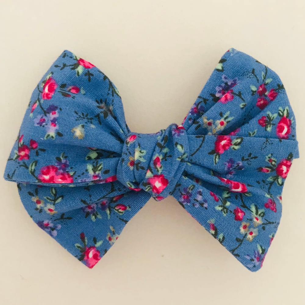 Image of Barrette coton bleu & roses roses