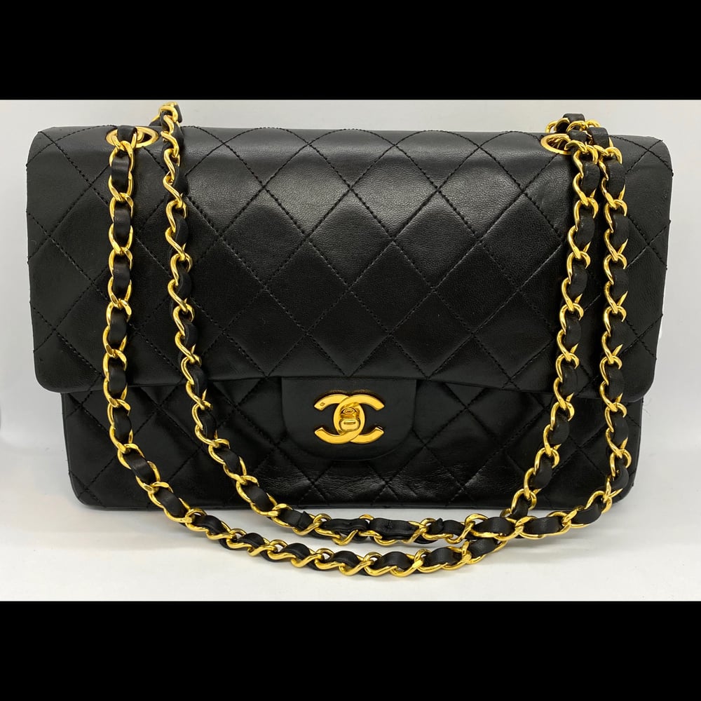 Image of Classic Black Lambskin Double Flap Handbag