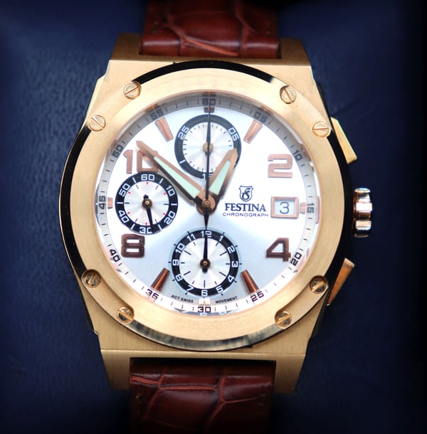 Image of Rare Men's Festina Heavy 18k Rose Gold Shockwave Chronograph Watch, 7750 Movement