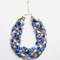 Image 2 of Blue, Green & Gold Woven Rope Statement Necklace 