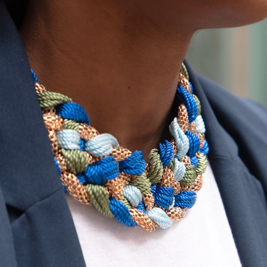 Image of Blue, Green & Gold Woven Rope Statement Necklace 